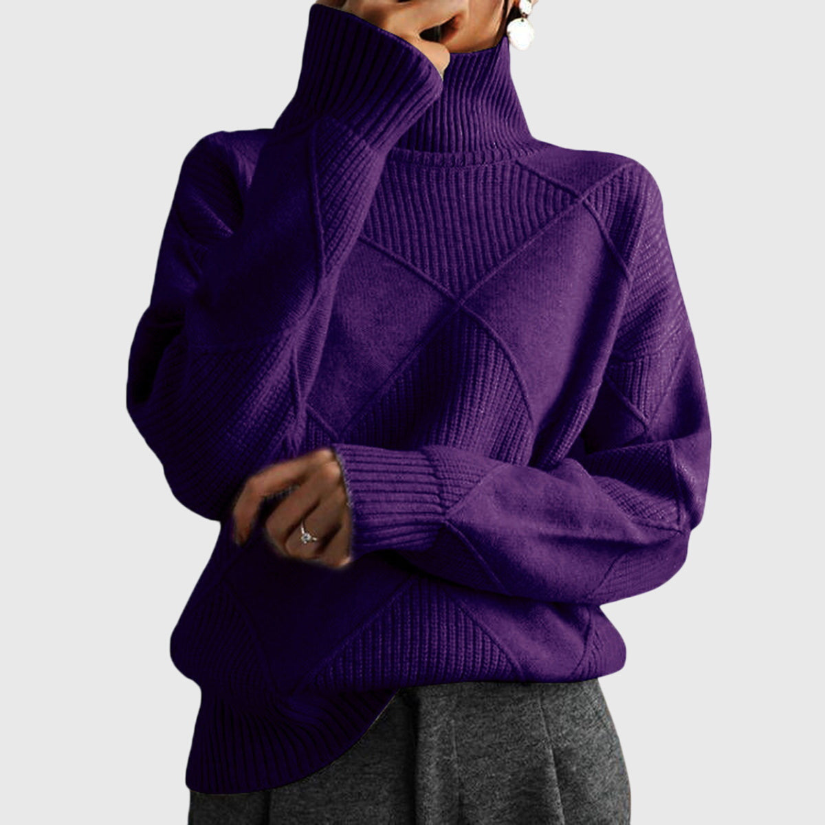 Verona Geometric Turtleneck Sweater with Fold-Over Collar - Violet