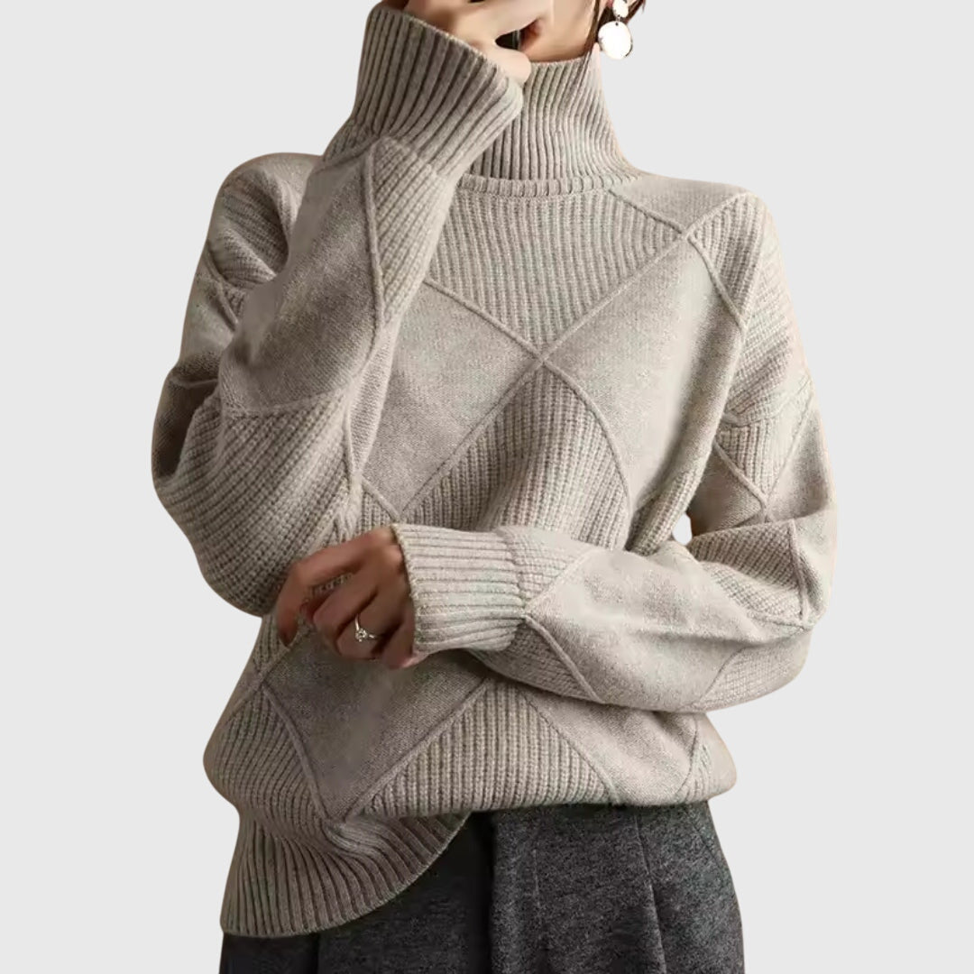 Verona Geometric Turtleneck Sweater with Fold-Over Collar - Khaki