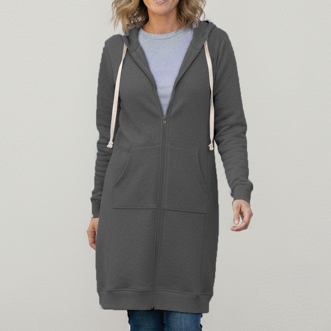 Veronica Long Zip Hoodie with Drawstring Hood and Ribbed Trim - Dark Gray
