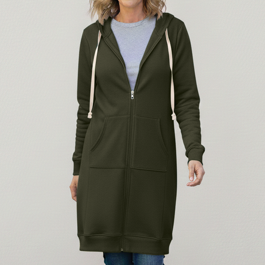 Veronica Long Zip Hoodie with Drawstring Hood and Ribbed Trim - Army Green