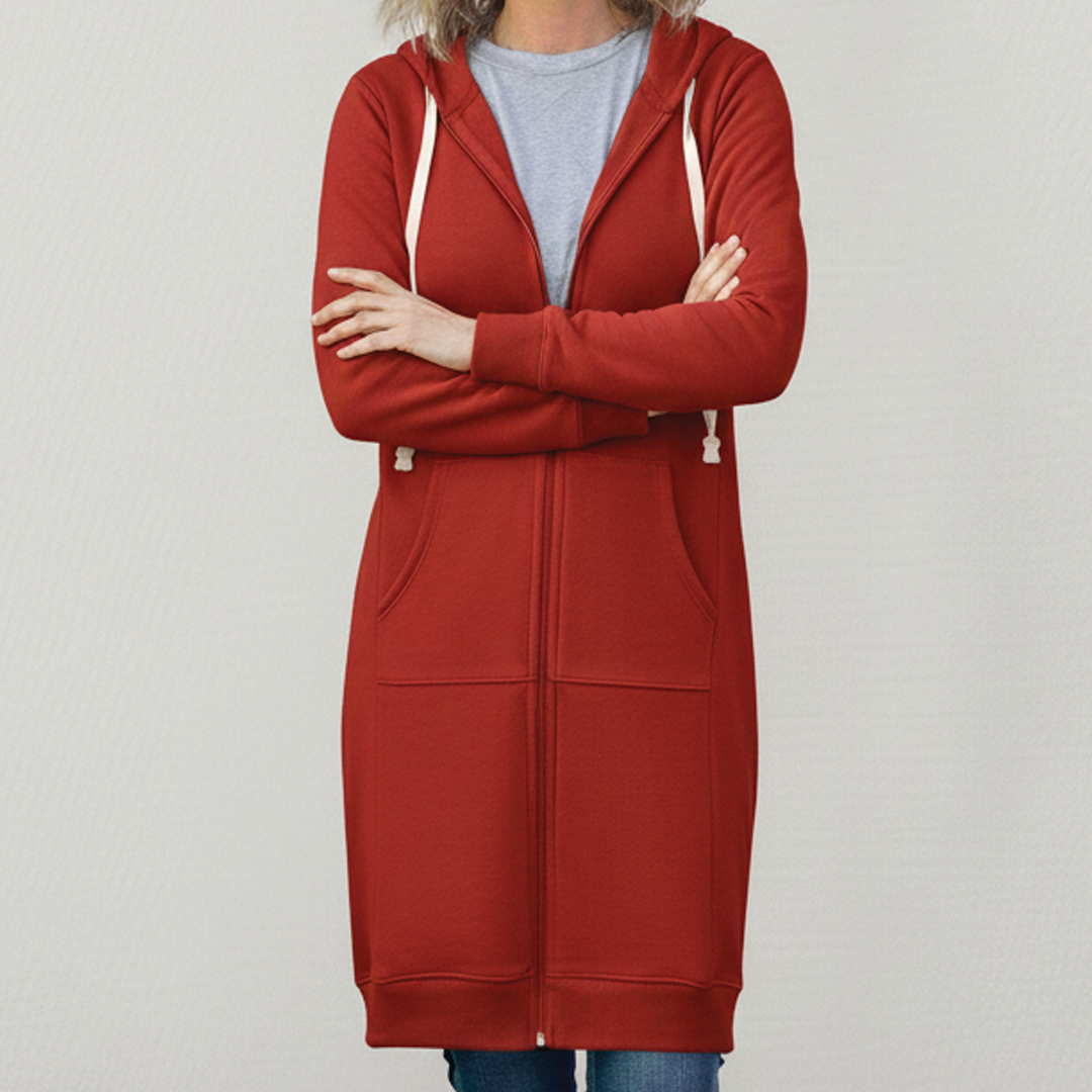 Veronica Long Zip Hoodie with Drawstring Hood and Ribbed Trim - Red