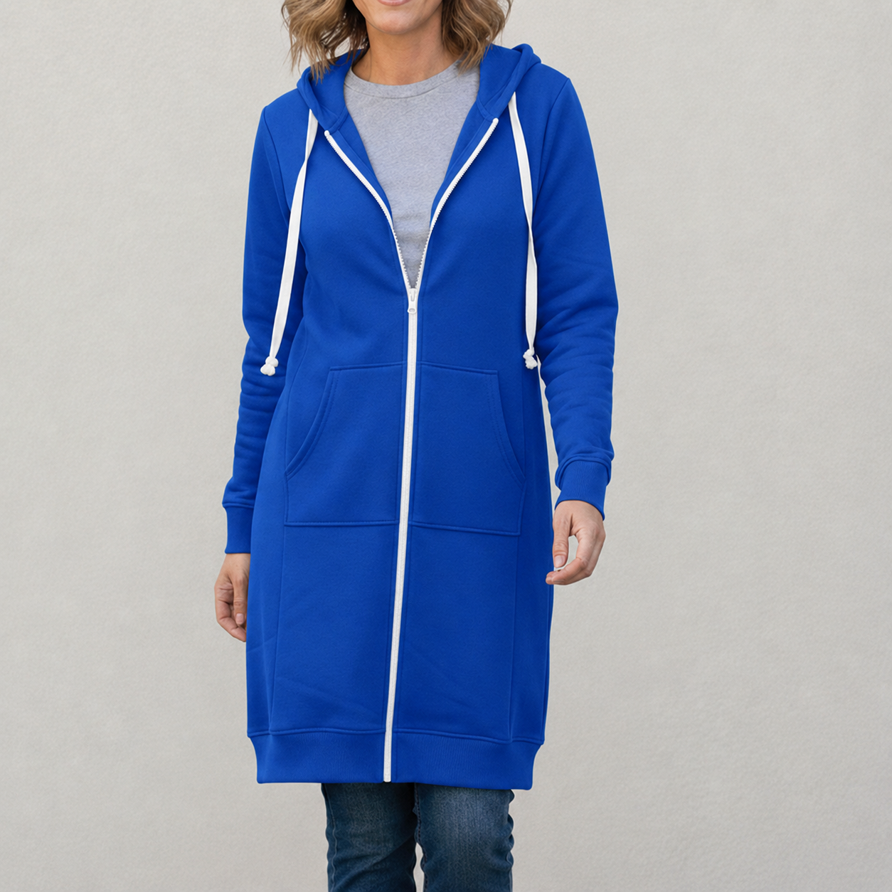 Veronica Long Zip Hoodie with Drawstring Hood and Ribbed Trim - Blue
