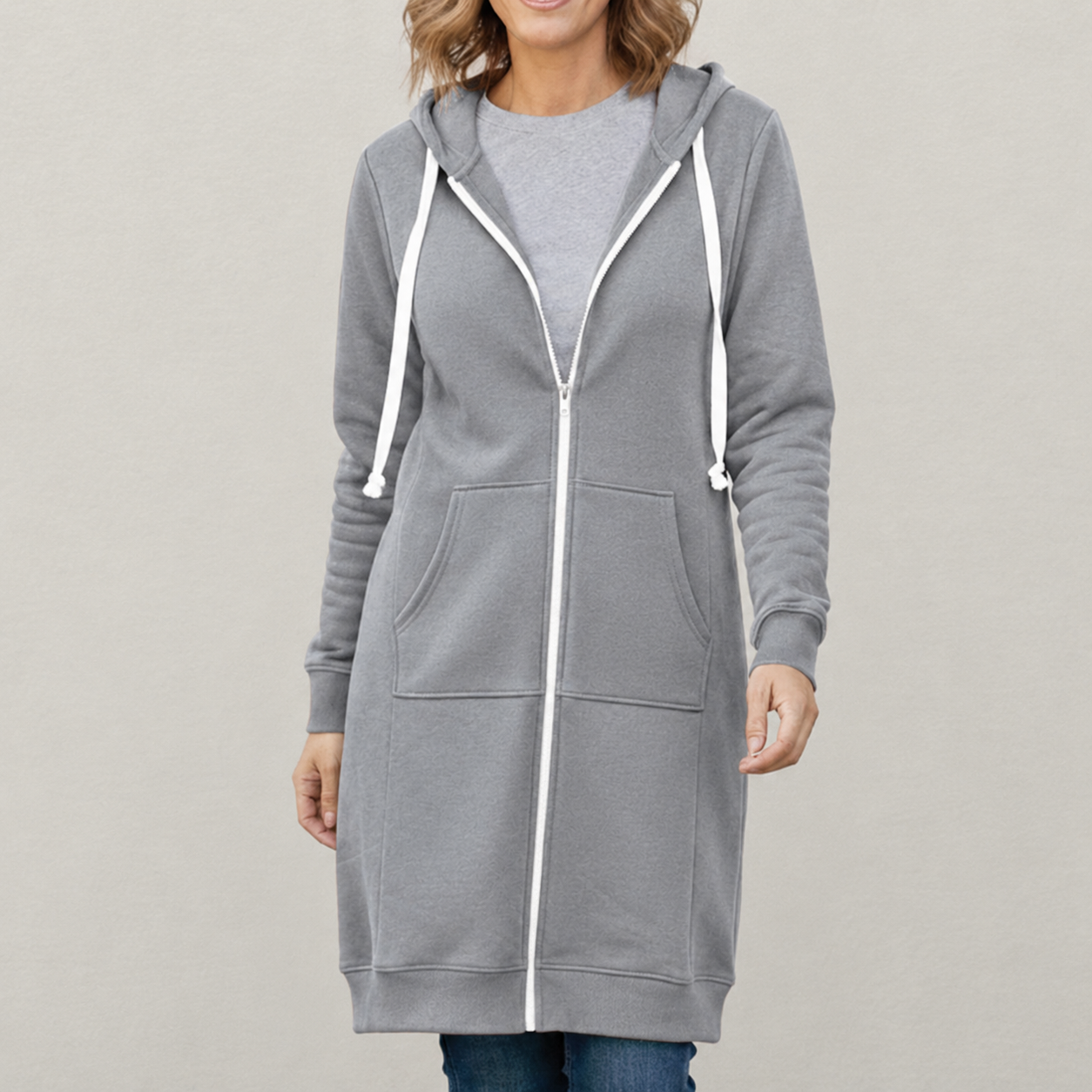 Veronica Long Zip Hoodie with Drawstring Hood and Ribbed Trim - Gray