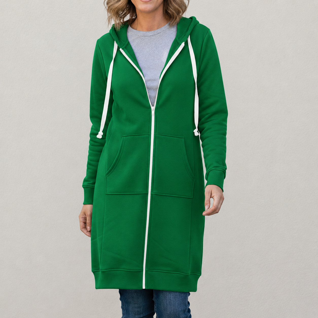 Veronica Long Zip Hoodie with Drawstring Hood and Ribbed Trim - Green