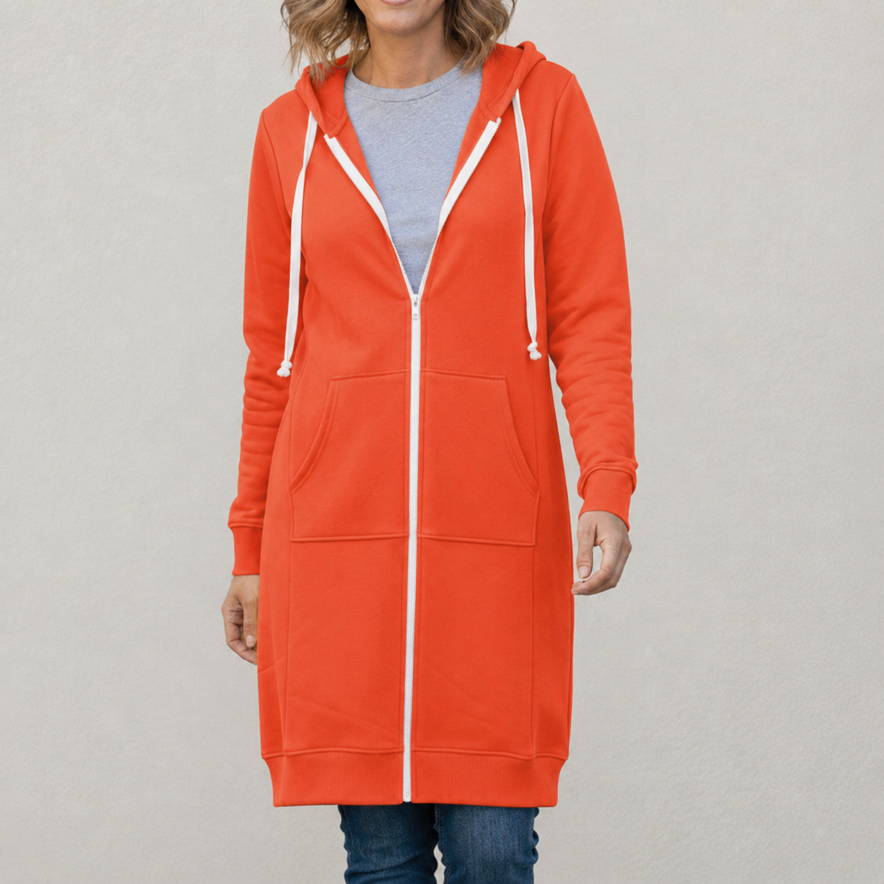 Veronica Long Zip Hoodie with Drawstring Hood and Ribbed Trim - Orange