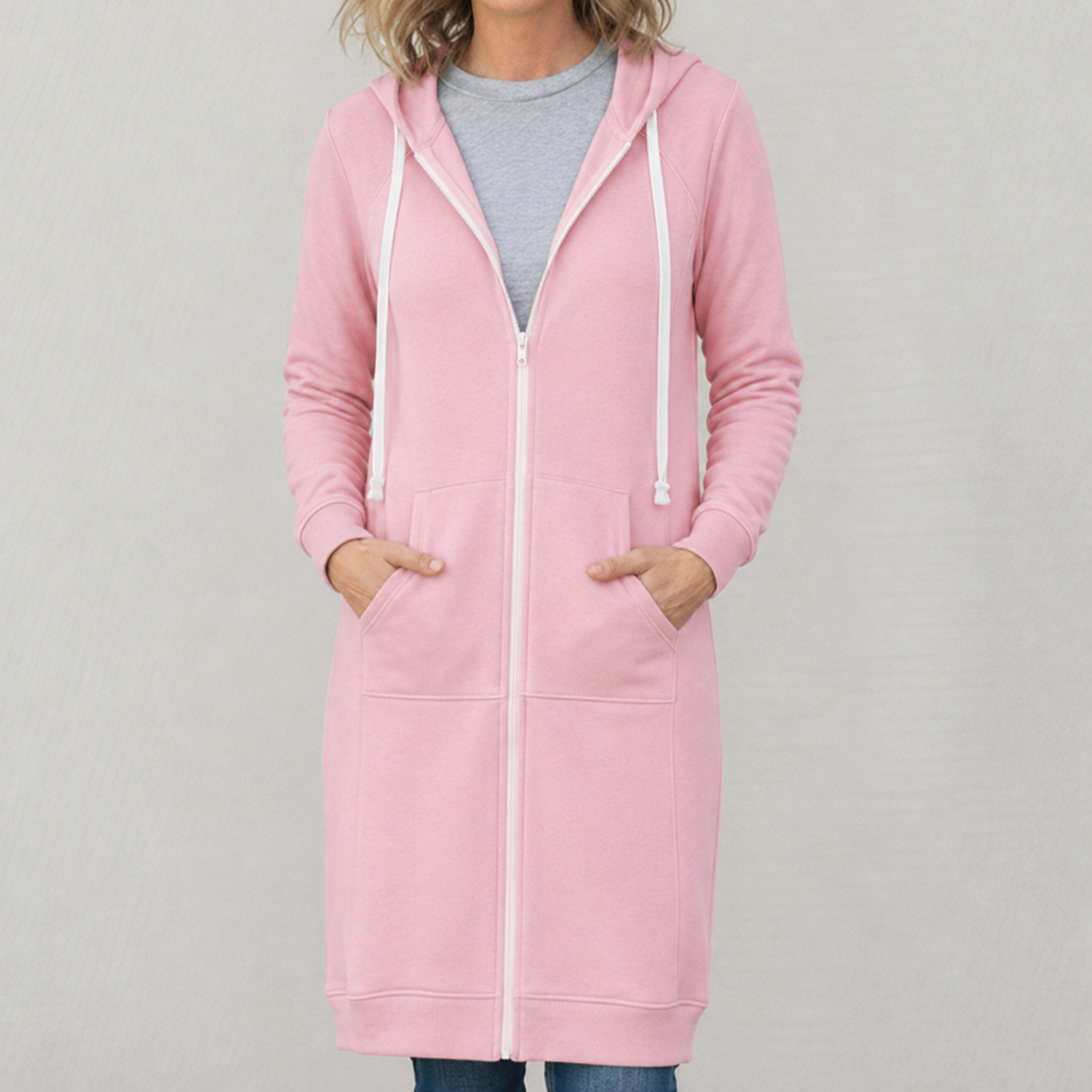 Veronica Long Zip Hoodie with Drawstring Hood and Ribbed Trim - Pink