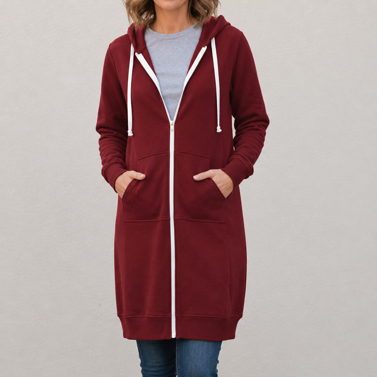 Veronica Long Zip Hoodie with Drawstring Hood and Ribbed Trim - Burgundy