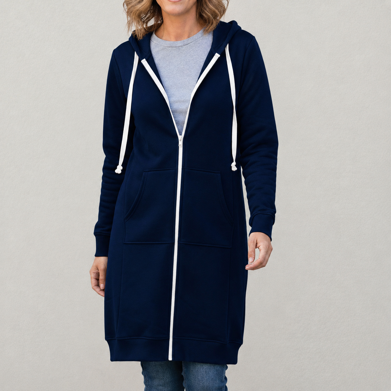 Veronica Long Zip Hoodie with Drawstring Hood and Ribbed Trim - Navy