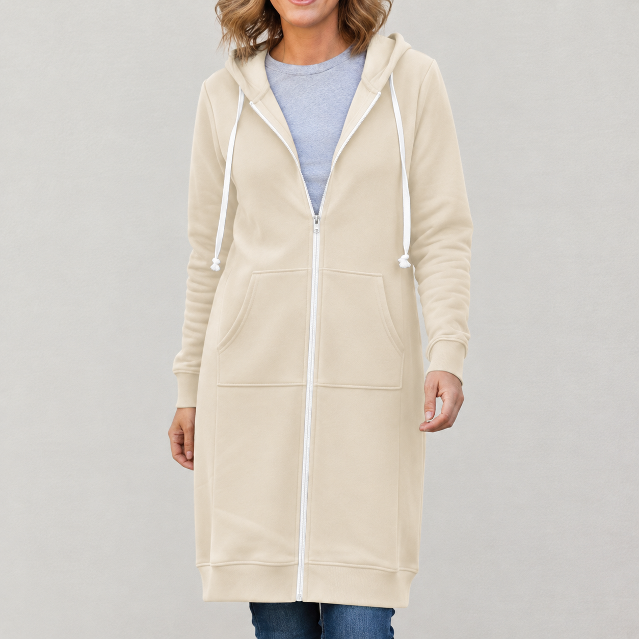 Veronica Long Zip Hoodie with Drawstring Hood and Ribbed Trim