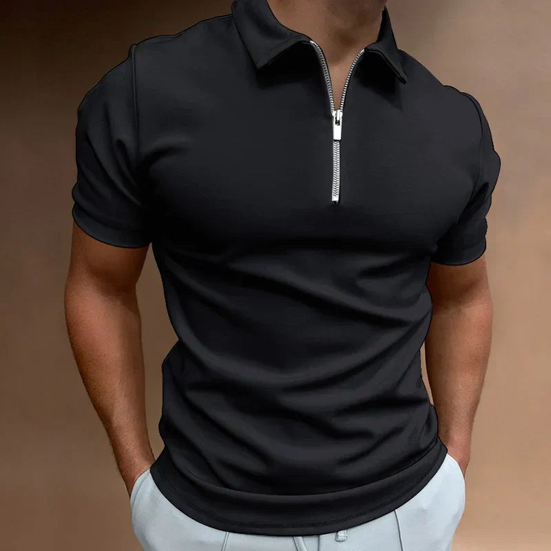 Victor Men's Zip Polo Shirt with Short Sleeves and Stand Collar - Black