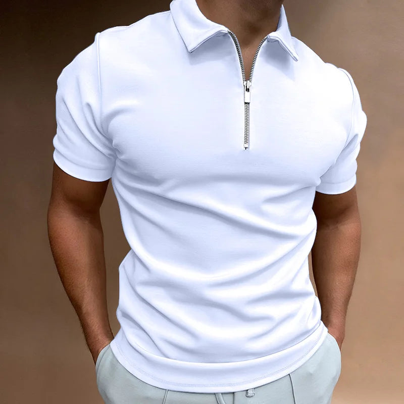 Victor Men's Zip Polo Shirt with Short Sleeves and Stand Collar - White