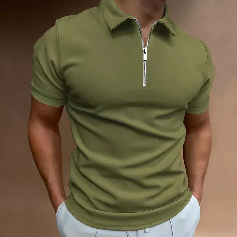 Victor Men's Zip Polo Shirt with Short Sleeves and Stand Collar - Army Green