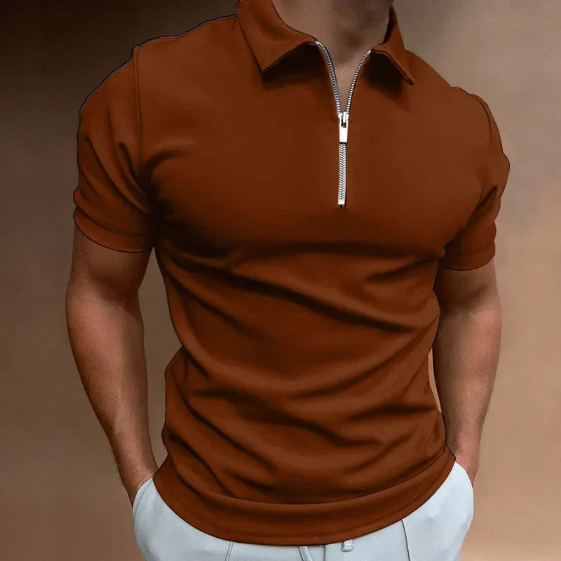 Victor Men's Zip Polo Shirt with Short Sleeves and Stand Collar - Brown