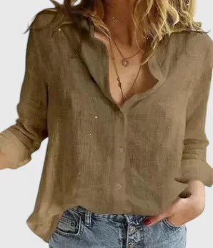 Wiebke Shirt Collar Blouse with Long Sleeves and Yoke - Brown