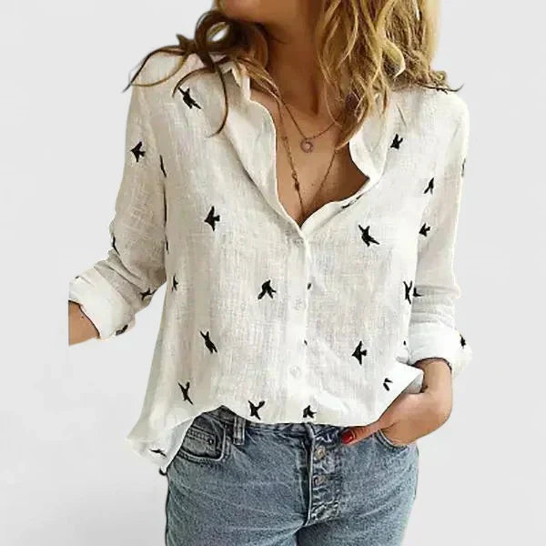 Wiebke Shirt Collar Blouse with Long Sleeves and Yoke - White