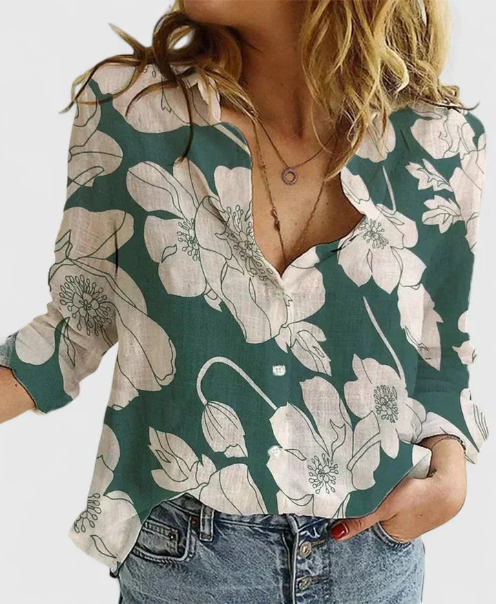 Wiebke Shirt Collar Blouse with Long Sleeves and Yoke - Green