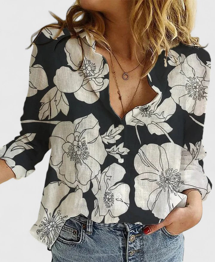 Wiebke Shirt Collar Blouse with Long Sleeves and Yoke - Green