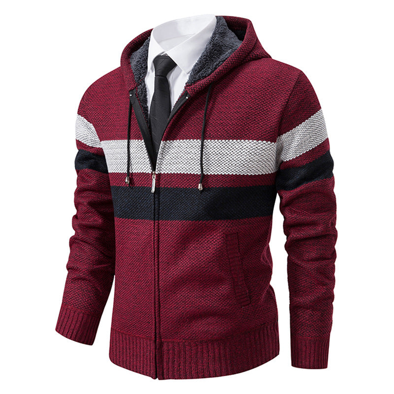Wilbert Men's Striped Hoodie with Full Zip and Lined Hood - Wine Red