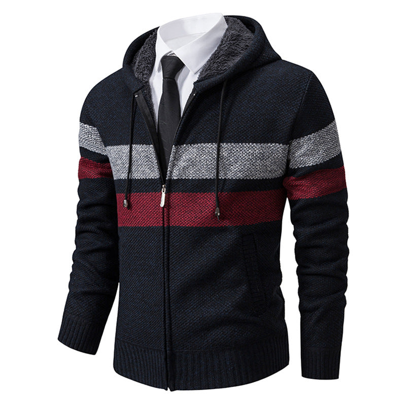 Wilbert Men's Striped Hoodie with Full Zip and Lined Hood - Navy