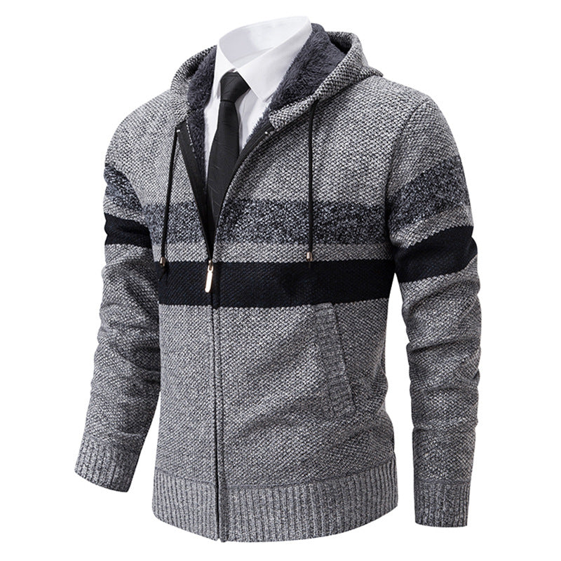Wilbert Men's Striped Hoodie with Full Zip and Lined Hood - Light Gray