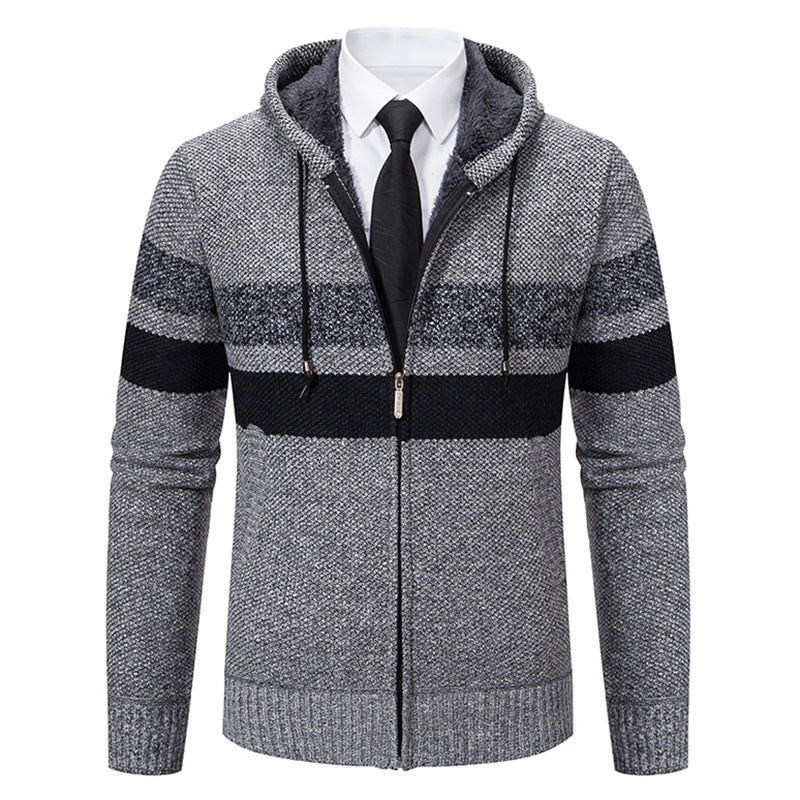 Wilbert Men's Striped Hoodie with Full Zip and Lined Hood - Light Gray