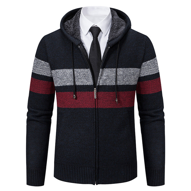 Wilbert Men's Striped Hoodie with Full Zip and Lined Hood - Navy