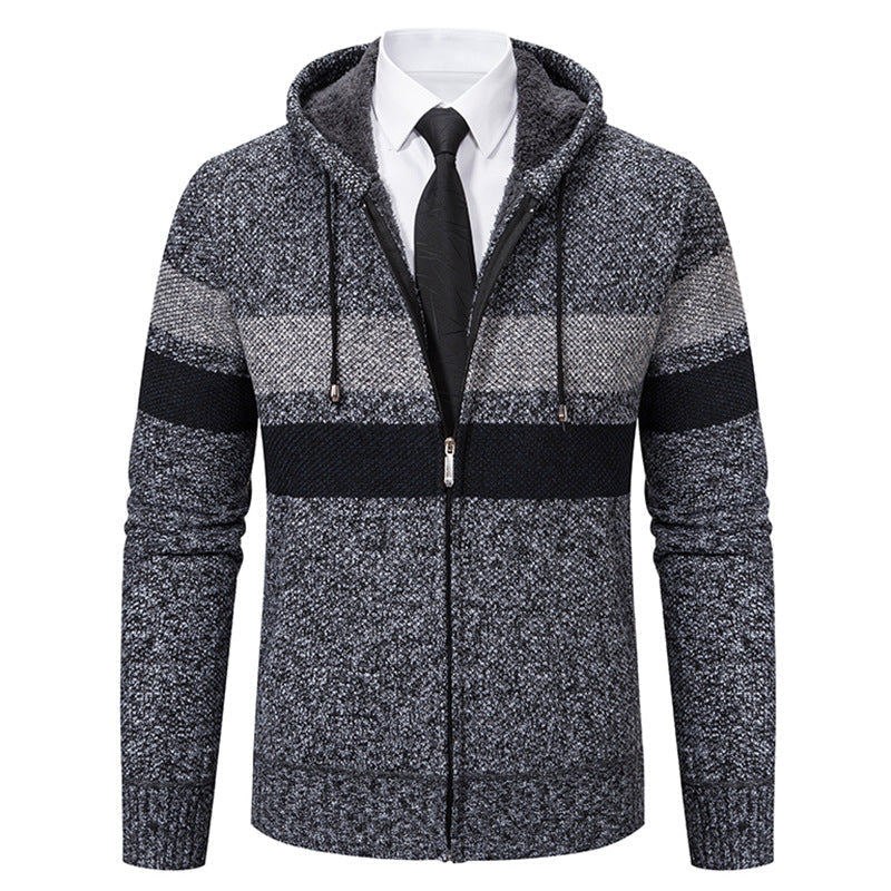 Wilbert Men's Striped Hoodie with Full Zip and Lined Hood - Dark Gray