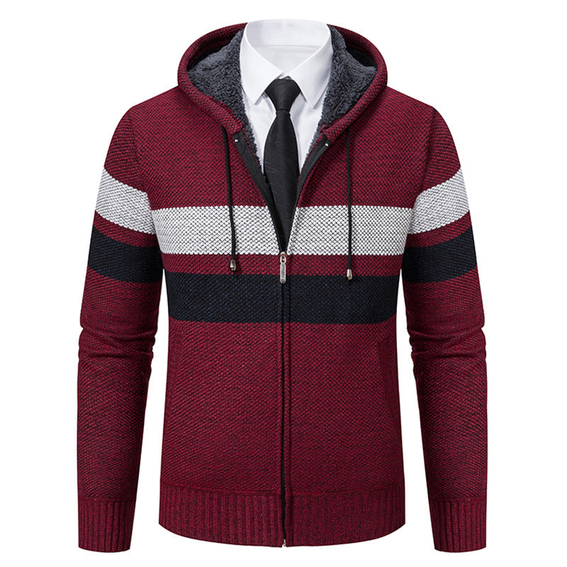 Wilbert Men's Striped Hoodie with Full Zip and Lined Hood - Wine Red