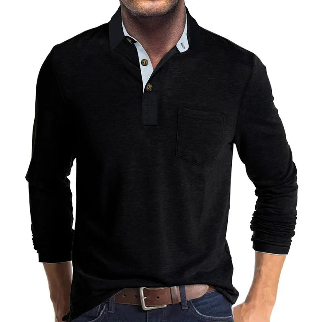 Wilfred Men's Long Sleeve Polo with Ribbed Collar - Black