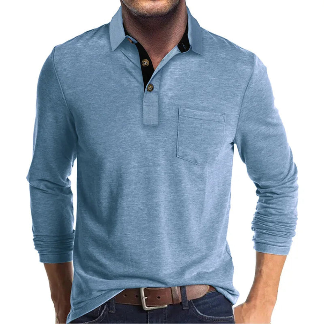 Wilfred Men's Long Sleeve Polo with Ribbed Collar - Light Blue