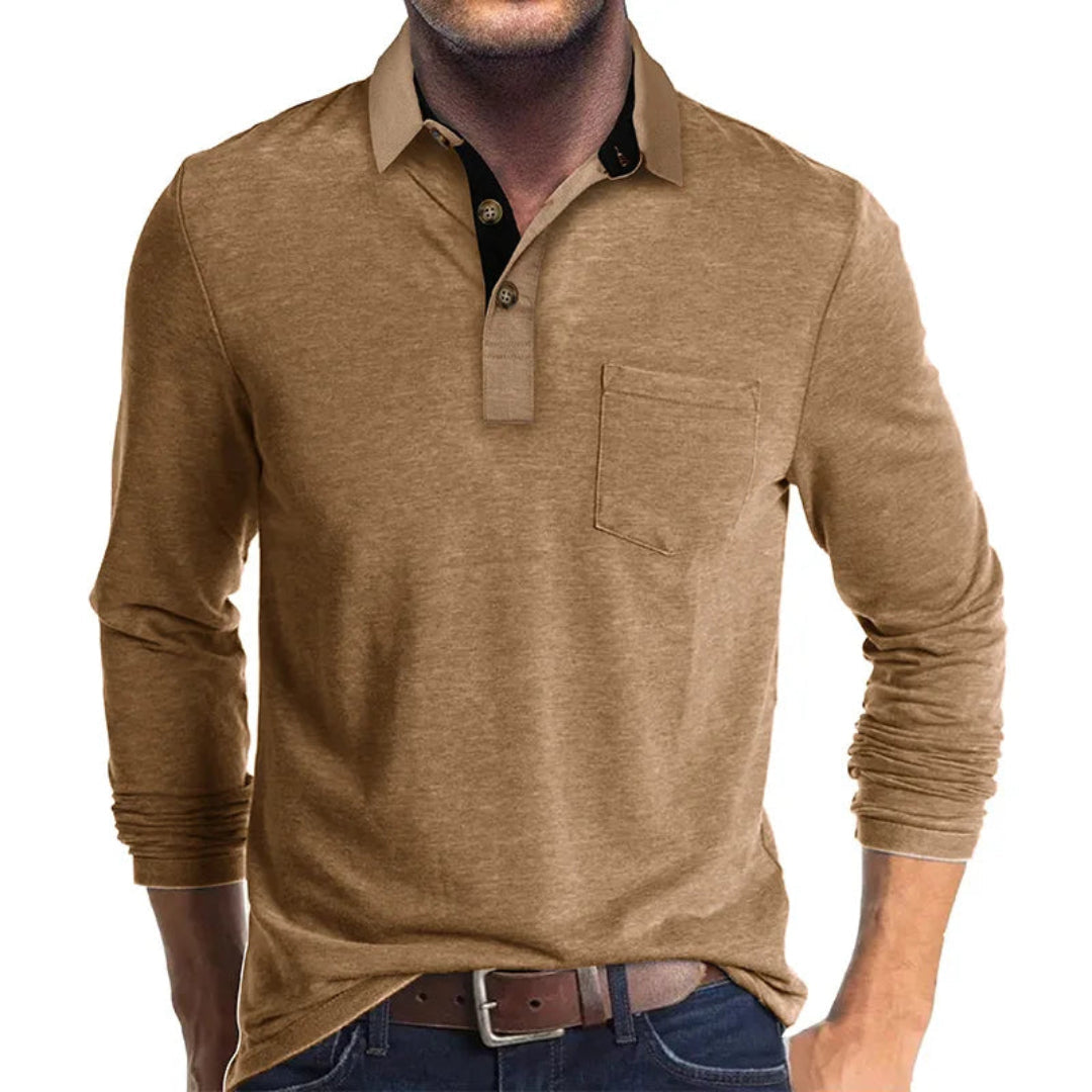 Wilfred Men's Long Sleeve Polo with Ribbed Collar - Light Brown