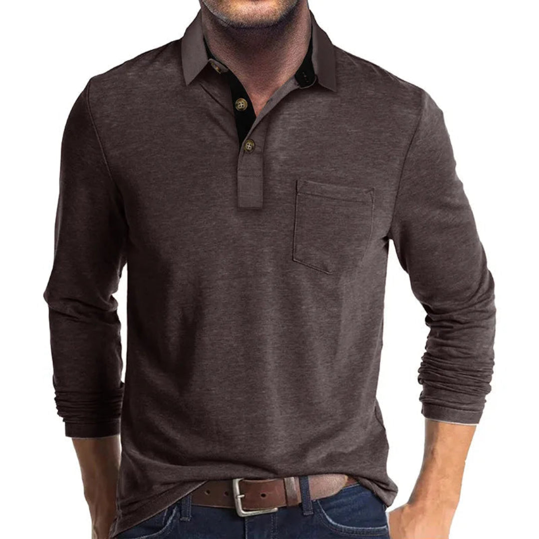 Wilfred Men's Long Sleeve Polo with Ribbed Collar - Dark Brown