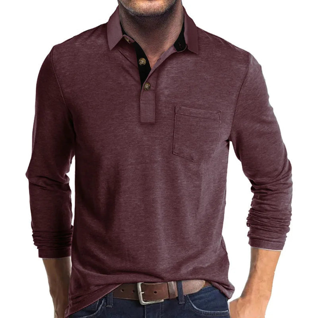 Wilfred Men's Long Sleeve Polo with Ribbed Collar - Burgundy