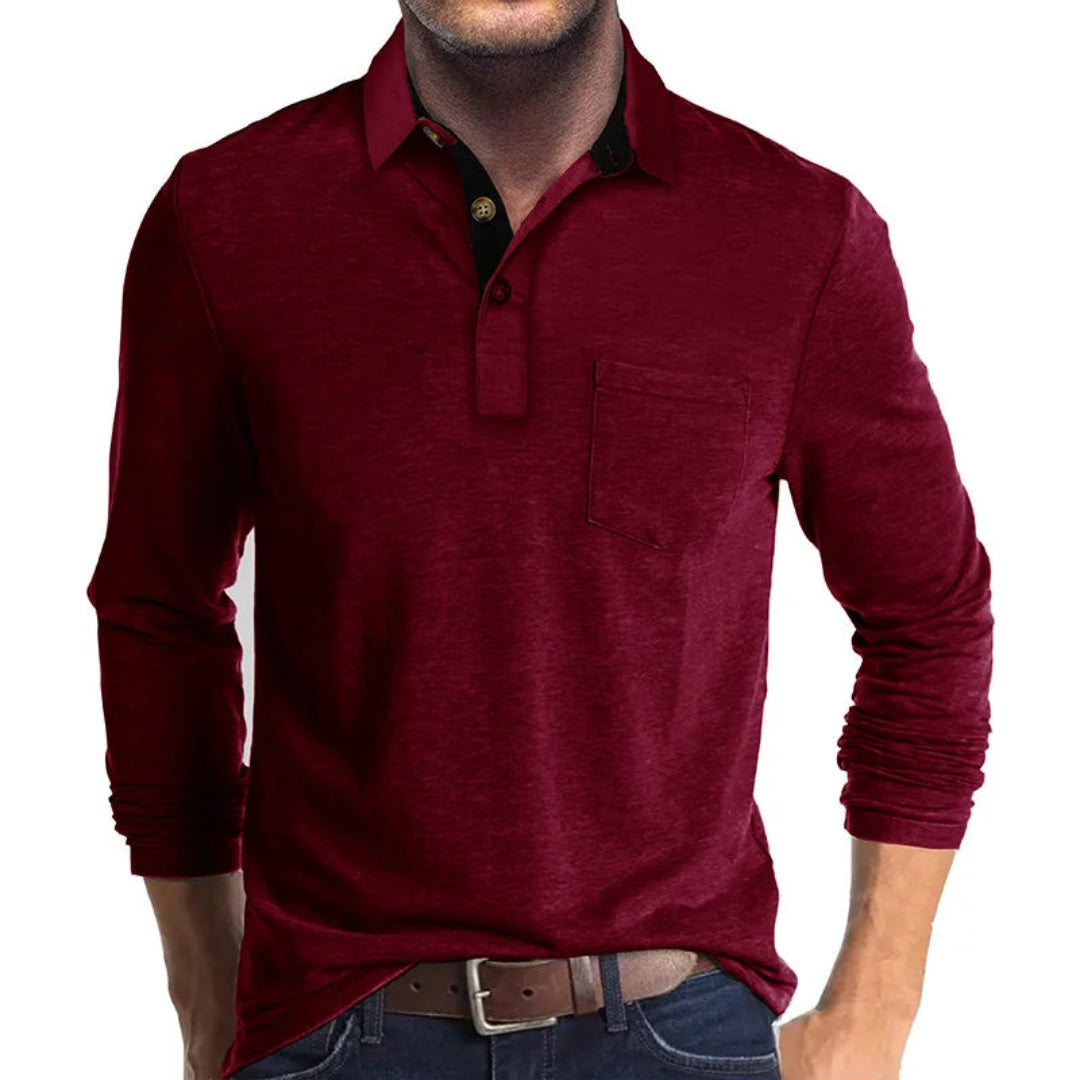 Wilfred Men's Long Sleeve Polo with Ribbed Collar - Red