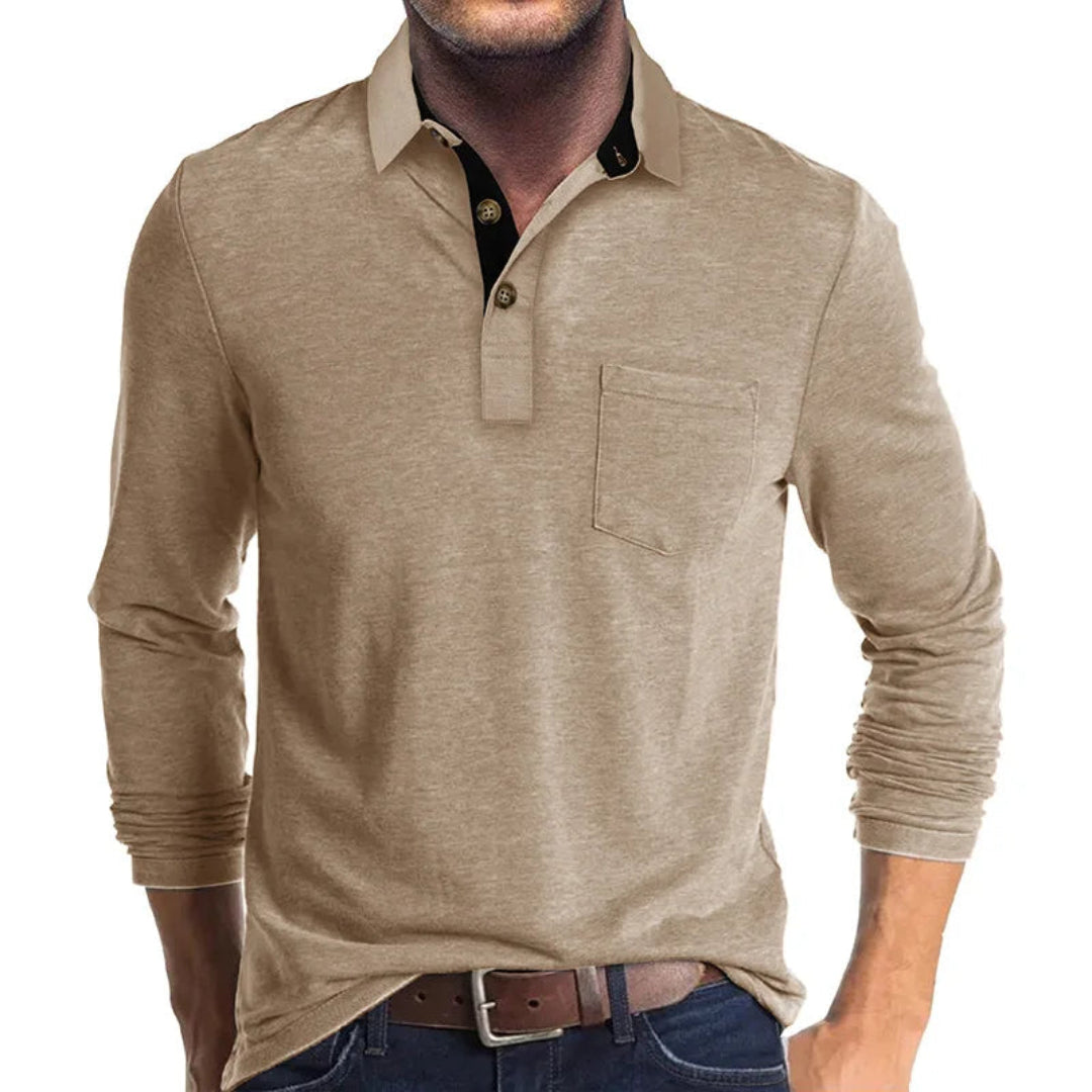 Wilfred Men's Long Sleeve Polo with Ribbed Collar - Khaki