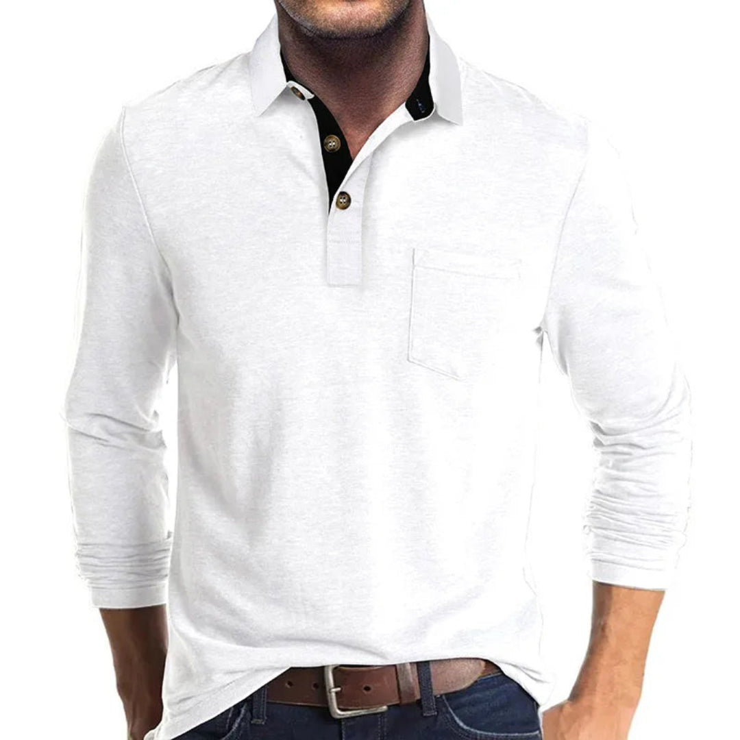 Wilfred Men's Long Sleeve Polo with Ribbed Collar - White
