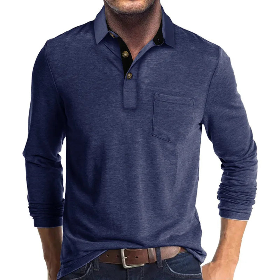 Wilfred Men's Long Sleeve Polo with Ribbed Collar - Dark Blue
