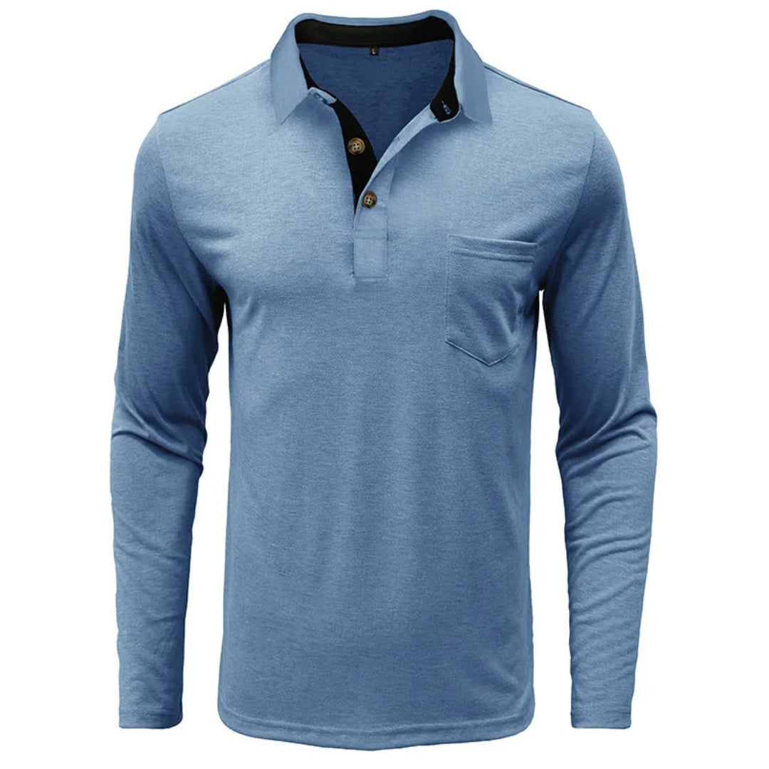 Wilfred Men's Long Sleeve Polo with Ribbed Collar - Light Blue