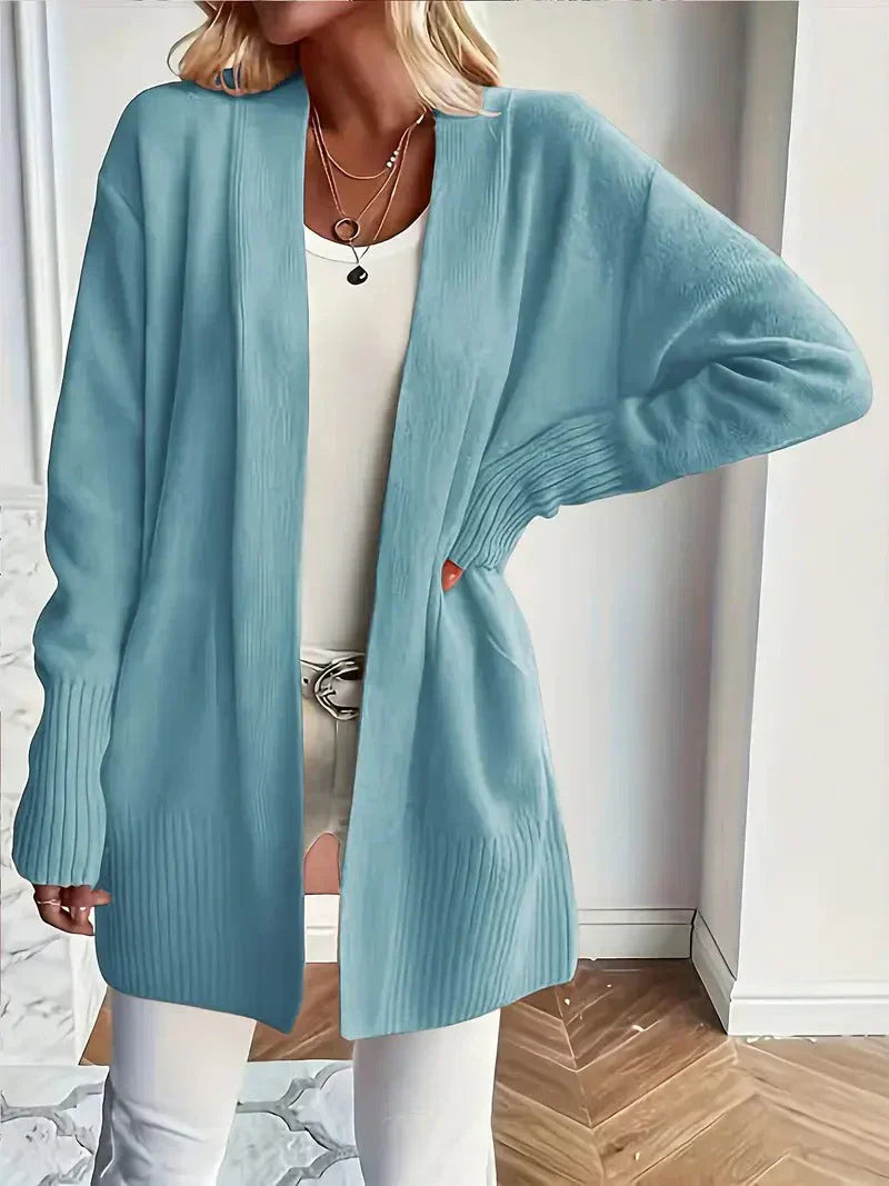 Willow Ribbed Knit Cardigan with Open Front and Long Body - Light Blue