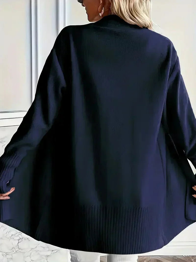 Willow Ribbed Knit Cardigan with Open Front and Long Body - Dark Blue