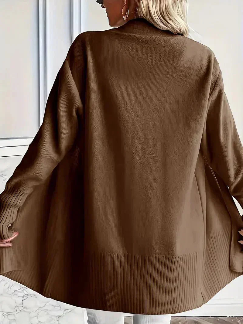 Willow Ribbed Knit Cardigan with Open Front and Long Body - Brown