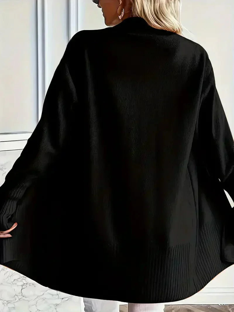 Willow Ribbed Knit Cardigan with Open Front and Long Body - Black