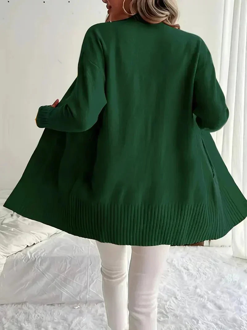Willow Ribbed Knit Cardigan with Open Front and Long Body - Green