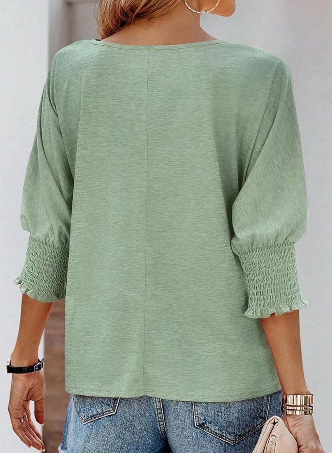 Wilma Pleated Sleeve Blouse with Round Neck and Level Hem - Grass Green