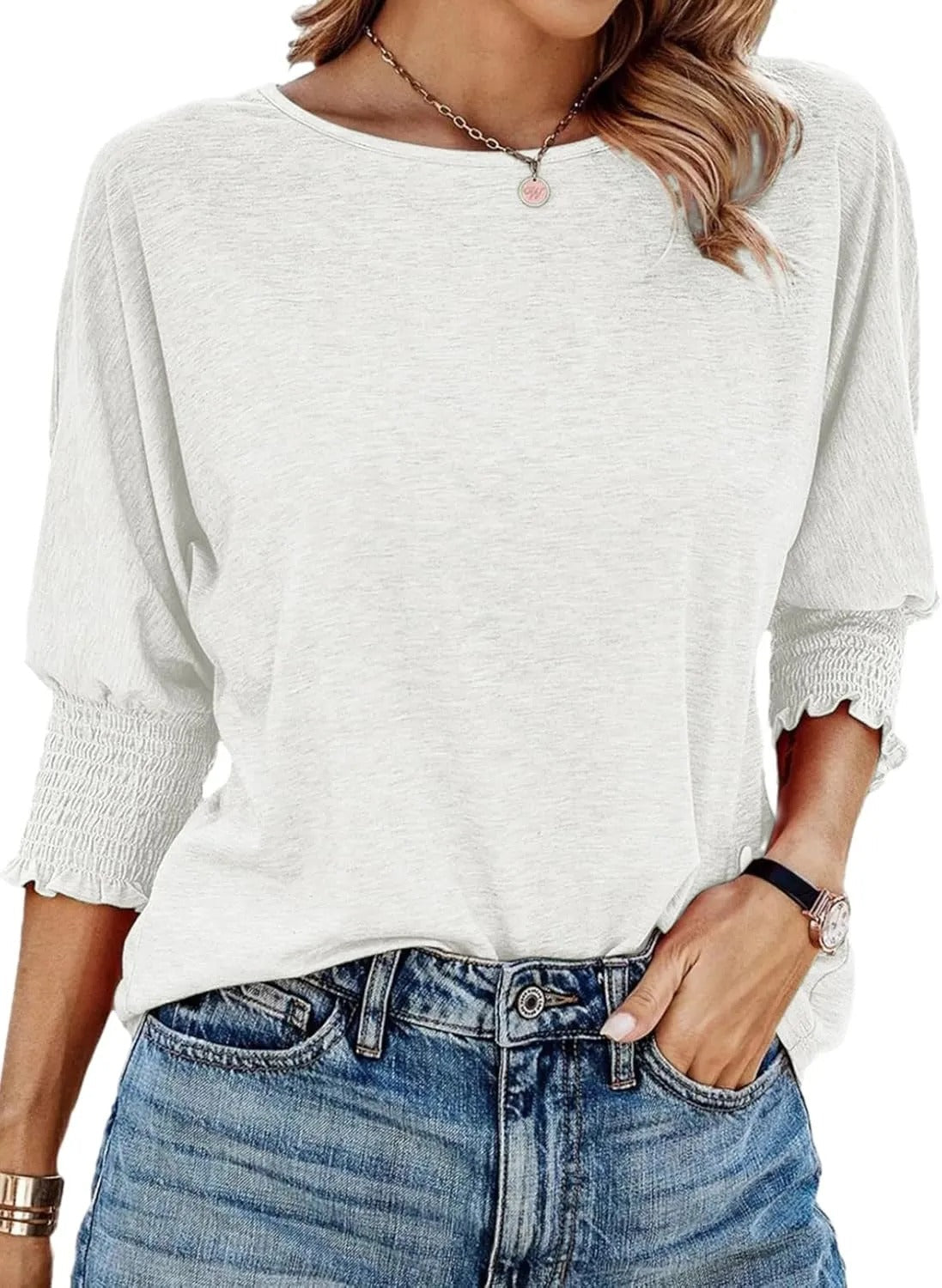 Wilma Pleated Sleeve Blouse with Round Neck and Level Hem - White