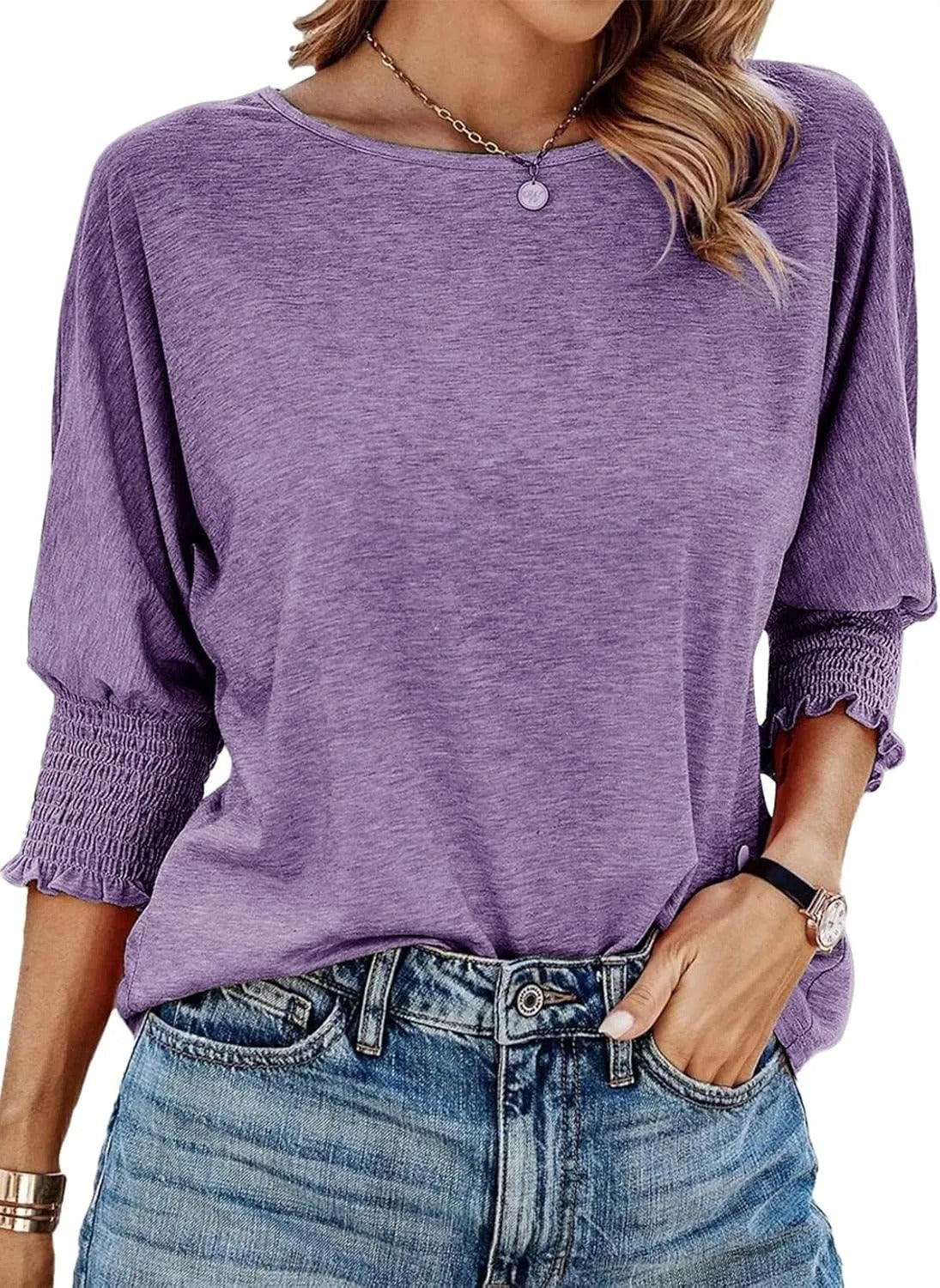 Wilma Pleated Sleeve Blouse with Round Neck and Level Hem - Wisteria