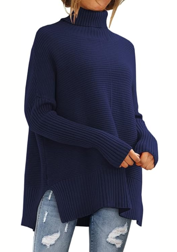 Zindie Turtleneck Sweater with Slim Body and Ribbed Hem - Navy