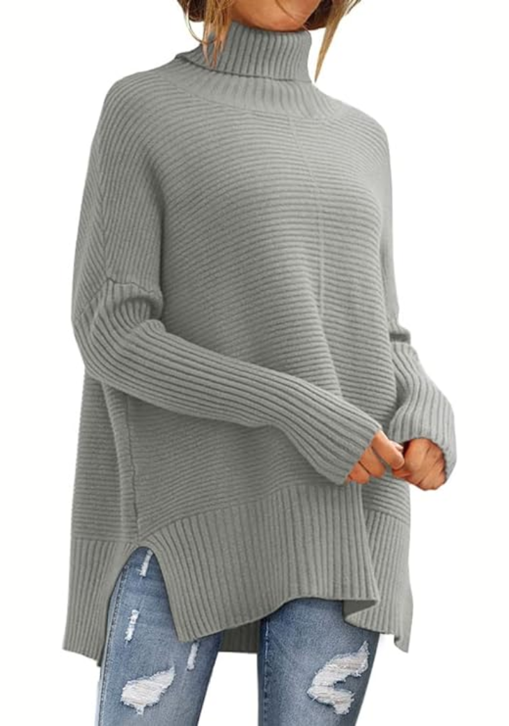 Zindie Turtleneck Sweater with Slim Body and Ribbed Hem - Gray