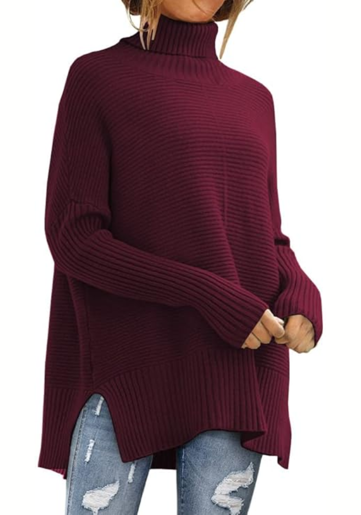 Zindie Turtleneck Sweater with Slim Body and Ribbed Hem - Wine Red